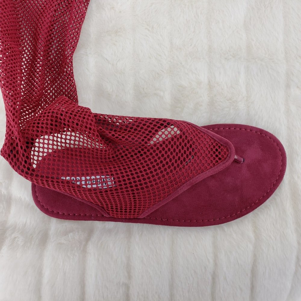 Wine Fish Net Thigh High Thong Flat Sandal Boots_7